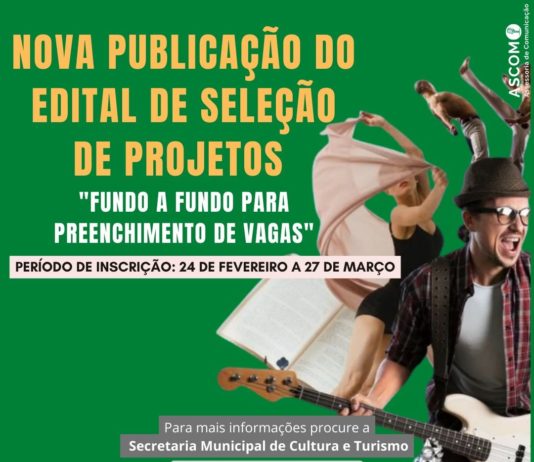 Secretaria de Cultura e Turismo publica Edital de Seleção de Projetos Culturais