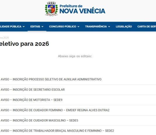 Prefeitura de Nova Venécia abre processos seletivos para contratação temporária em diversos cargos