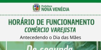 Comércio varejista de Nova Venécia fica permitido a funcionar nesta semana do dia das Mães, das 8h às 18h de segunda a sábado.
