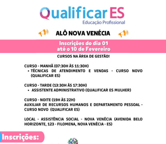 Vagas abertas para cursos do Qualificar ES em Nova Venécia