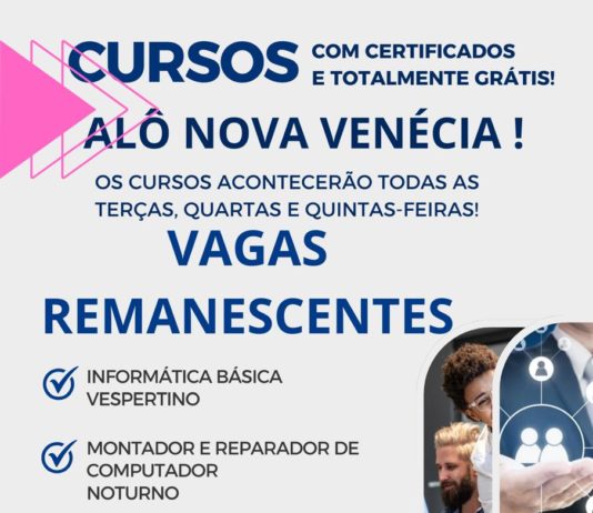 Últimas vagas para cursos gratuitos de Informática Básica e Montador de Computador pelo Qualificar ES em Nova Venécia