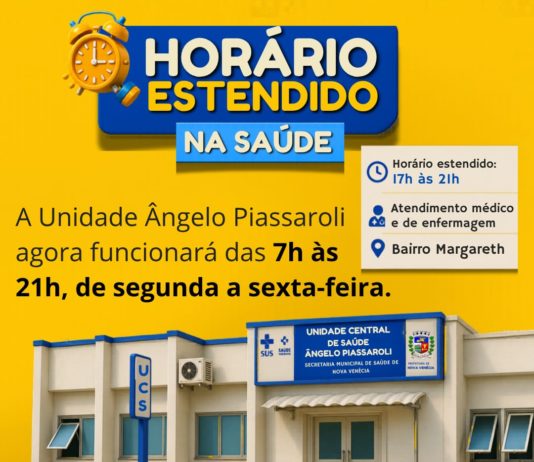Unidade Ângelo Piassarolli passa a funcionar das 7h às 21h a partir de segunda-feira (01)